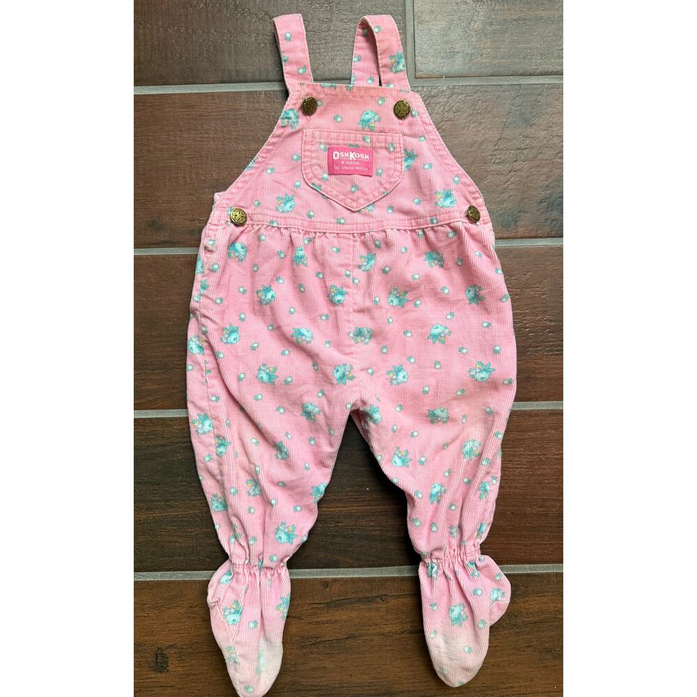 OshKosh B’gosh Vintage Pink Corduroy Floral Footed Overalls Baby 6/9 Months